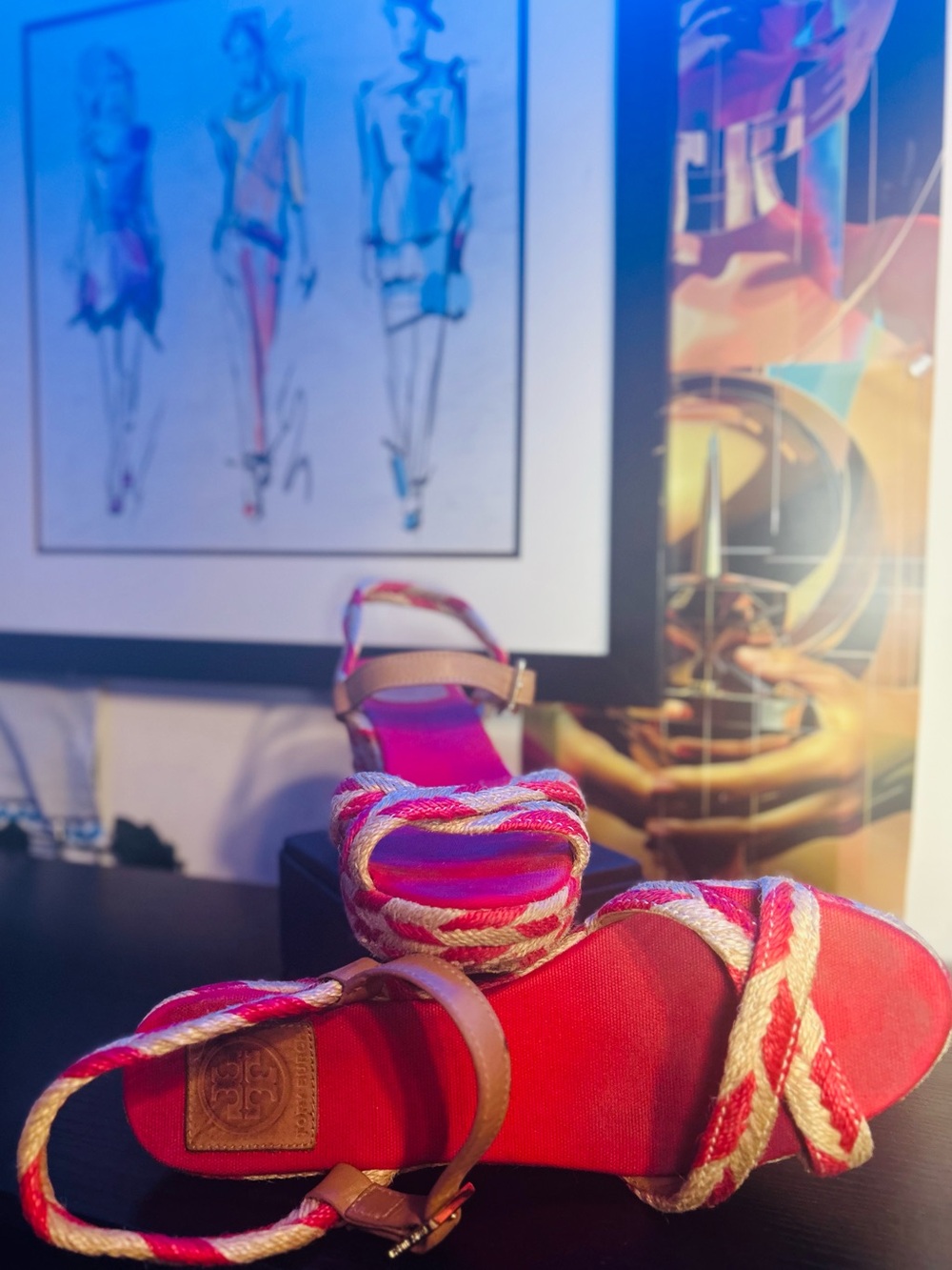 Tory Burch Red/Pink and Tan Camelia Espadrille Wedge Sandals - Picture 5 of 10